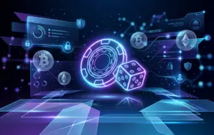 Digital crypto casino interface with Bitcoin and Ethereum symbols in neon colors representing no-KYC anonymous gaming