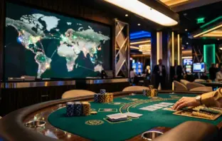 Premium international online casino gaming interface with cards, chips, and global connectivity elements