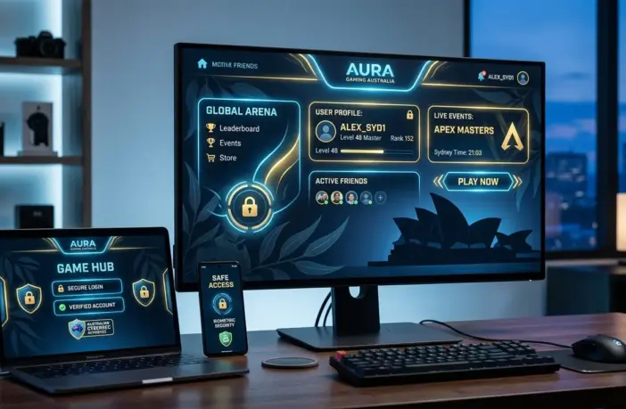 Modern online casino platform interface with security features and Australian design elements