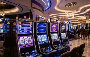 Modern luxury casino floor with illuminated contemporary slot machines and elegant gaming design