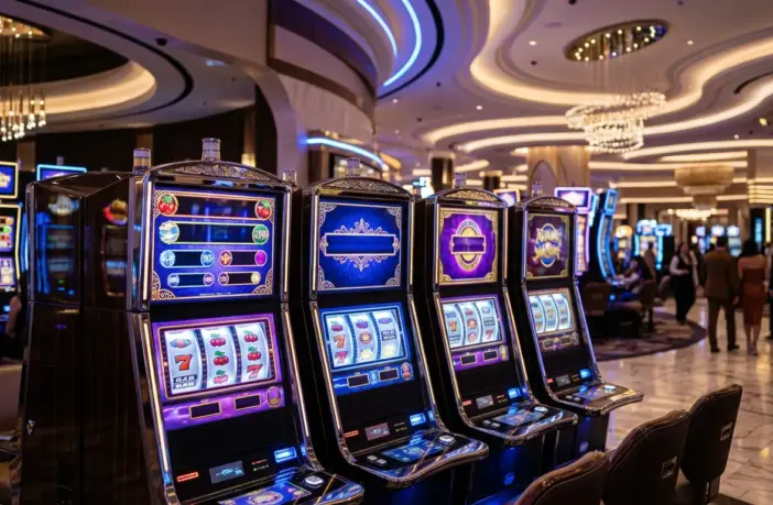 Modern luxury casino floor with illuminated contemporary slot machines and elegant gaming design