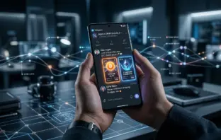 Modern digital interface of a Telegram casino platform with cryptocurrency symbols on mobile phone display