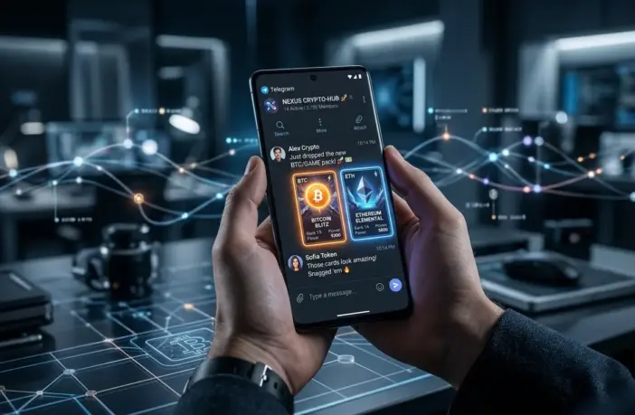 Modern digital interface of a Telegram casino platform with cryptocurrency symbols on mobile phone display