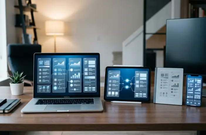 Multiple digital devices showing online betting platform comparison interfaces