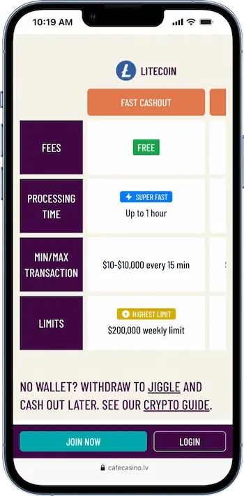 cafe casino payout options