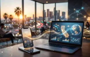 Modern digital interface representing California's online gaming ecosystem with connected technology and golden-toned professional design