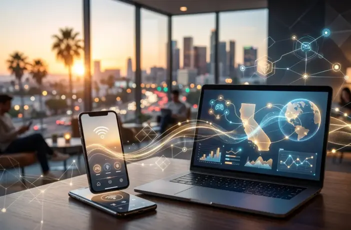 Modern digital interface representing California's online gaming ecosystem with connected technology and golden-toned professional design
