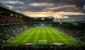 Celtic Park stadium under floodlights before crucial title decider match at Paradise