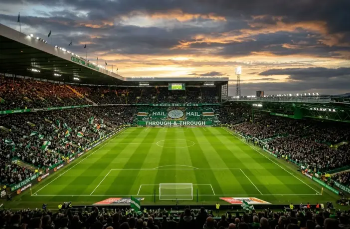 Celtic Park stadium under floodlights before crucial title decider match at Paradise