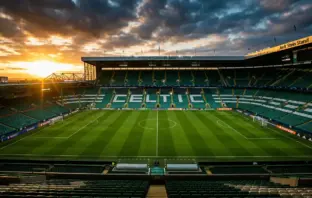 Celtic Park stadium at sunset with empty pitch awaiting Champions League preparation and summer rebuild