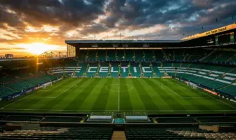 Celtic Park stadium at sunset with empty pitch awaiting Champions League preparation and summer rebuild