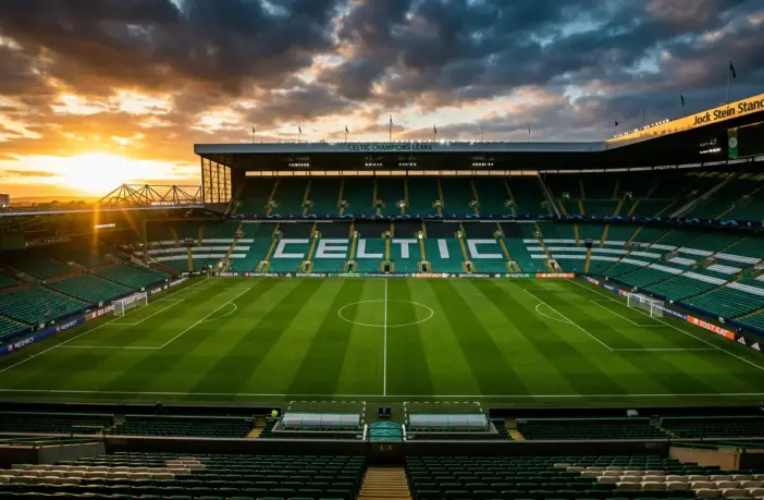 Celtic Park stadium at sunset with empty pitch awaiting Champions League preparation and summer rebuild