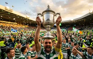 Scottish Cup trophy held high in celebration at Hampden Park with green and white confetti falling