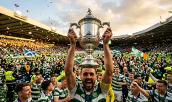 Scottish Cup trophy held high in celebration at Hampden Park with green and white confetti falling