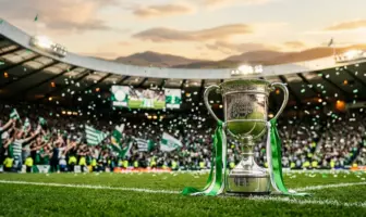 Celtic FC championship trophy with green and white ribbons in packed stadium at sunset