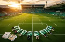 Celtic training ground with new football kits laid out on pitch suggesting summer transfer preparations