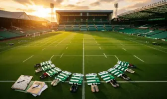 Celtic training ground with new football kits laid out on pitch suggesting summer transfer preparations