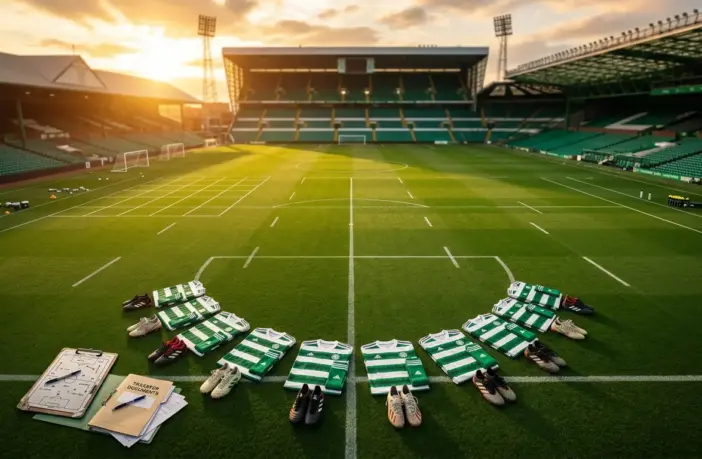 Celtic training ground with new football kits laid out on pitch suggesting summer transfer preparations