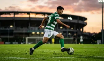 Young midfielder in green and white jersey controlling football during golden hour training session