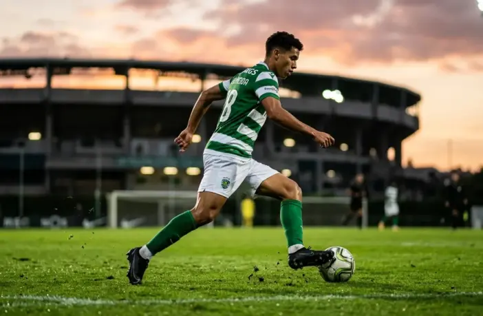 Young midfielder in green and white jersey controlling football during golden hour training session
