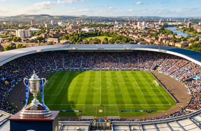 Hampden Park stadium on match day with trophy in foreground, Glasgow skyline visible