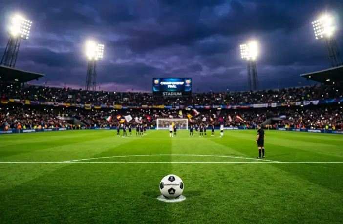 Football on penalty spot under stadium floodlights in dramatic title-deciding match atmosphere