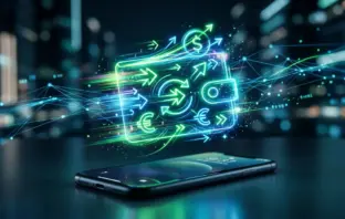 Fast digital wallet with glowing payment interface on smartphone, representing speedy online casino withdrawals