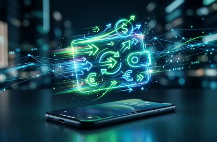 Fast digital wallet with glowing payment interface on smartphone, representing speedy online casino withdrawals