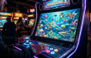 Fish table arcade game with player controls and colorful digital fish on screen