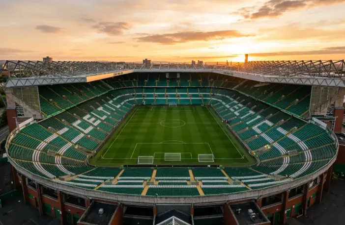 Celtic Park stadium bathed in golden light, showing empty stands and pitch from elevated view