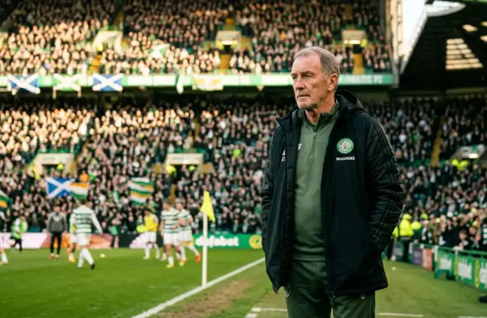 Experienced football manager contemplating future on matchday at Celtic Park stadium