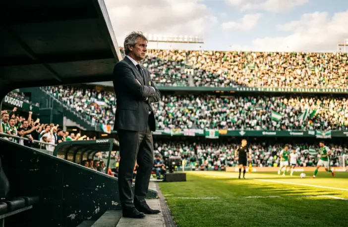 Football manager standing in dugout at Hampden stadium with Celtic supporters in background