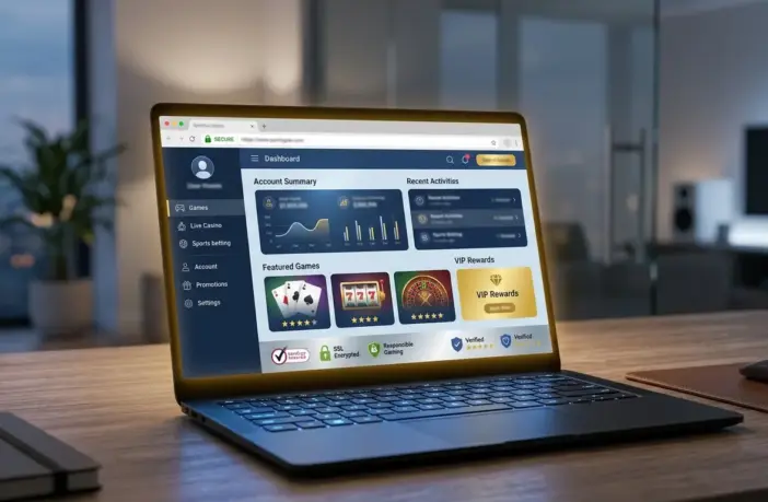 Professional online gambling platform interface with security features and verification icons on a modern digital device