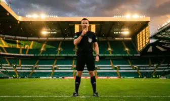 Football referee in black uniform with headset standing authoritatively on stadium pitch under dramatic lighting