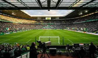 Celtic Park stadium with broadcast cameras ready for live TV coverage of crucial title race match