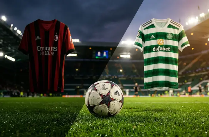 Celtic and AC Milan jerseys with football representing Arne Engels transfer interest