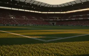 Floodlit World Cup stadium at dusk with Algerian and Austrian national colors in the stands and dramatic field lighting.