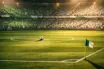 Floodlit stadium pitch with Algeria national colours in spotlight, ball on halfway line, dramatic evening atmosphere.