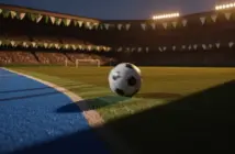Floodlit football pitch at dusk with corner flag view, blue-white marking lines, and bunting-draped stands in evening light.