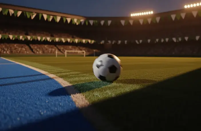 Floodlit football pitch at dusk with corner flag view, blue-white marking lines, and bunting-draped stands in evening light.