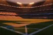 Floodlit football stadium pitch at dusk with Argentina and Austria colours reflected in light patterns, packed stands in blur.