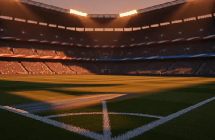 Floodlit football stadium pitch at dusk with Argentina and Austria colours reflected in light patterns, packed stands in blur.