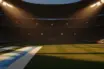 Floodlit stadium pitch at dusk with packed stands, Argentina and Cape Verde colours in atmospheric lighting, no players visible.