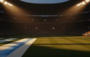 Floodlit stadium pitch at dusk with packed stands, Argentina and Cape Verde colours in atmospheric lighting, no players visible.