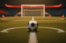 Empty floodlit football pitch with ball on centre spot, gold-hour stadium lighting, red and white accent colours.