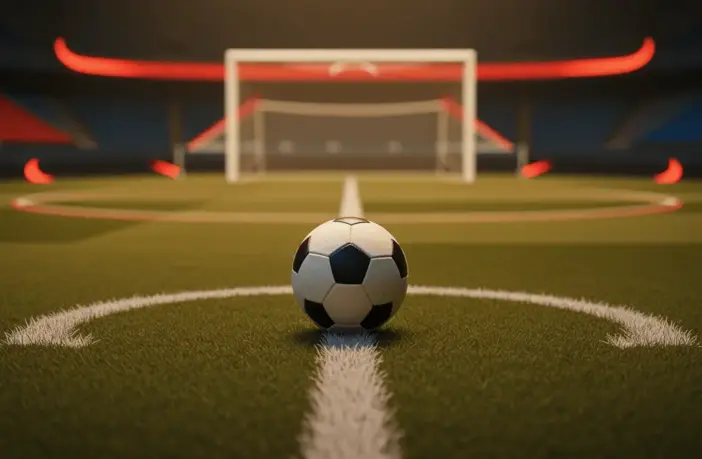 Empty floodlit football pitch with ball on centre spot, gold-hour stadium lighting, red and white accent colours.