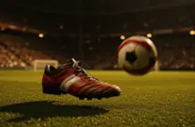 Match ball in motion with football boot on floodlit pitch at evening kickoff, shallow focus with stadium backdrop.