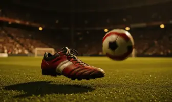Match ball in motion with football boot on floodlit pitch at evening kickoff, shallow focus with stadium backdrop.