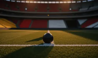 Floodlit football pitch at dusk with match ball on centre spot, dramatic shadows, empty stadium stands in background.