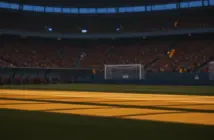 Floodlit stadium pitch at golden hour with packed stands and dramatic shadows, ready for international football match.